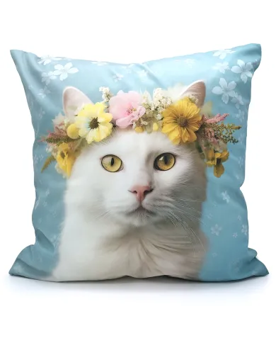 Kat met Bloemenkroon Blauwe Kussen