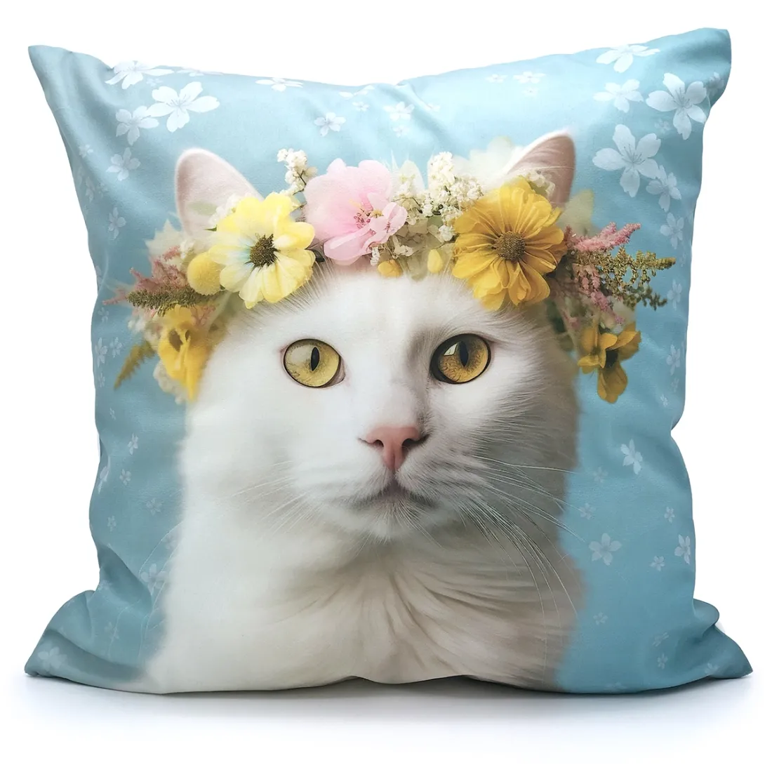 Kat met Bloemenkroon Blauwe Kussen