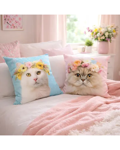 Floral Crown Cat Cushion Cover Pink