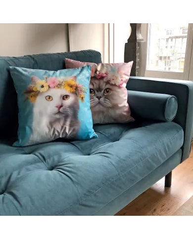 Floral Crown Cat Cushion Cover Blue
