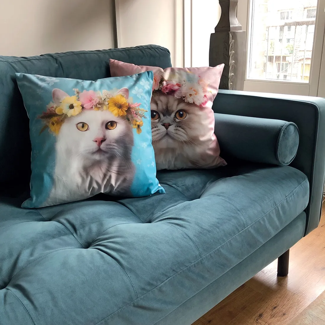 Kussenhoes Kat met Bloemenkroon Blauw