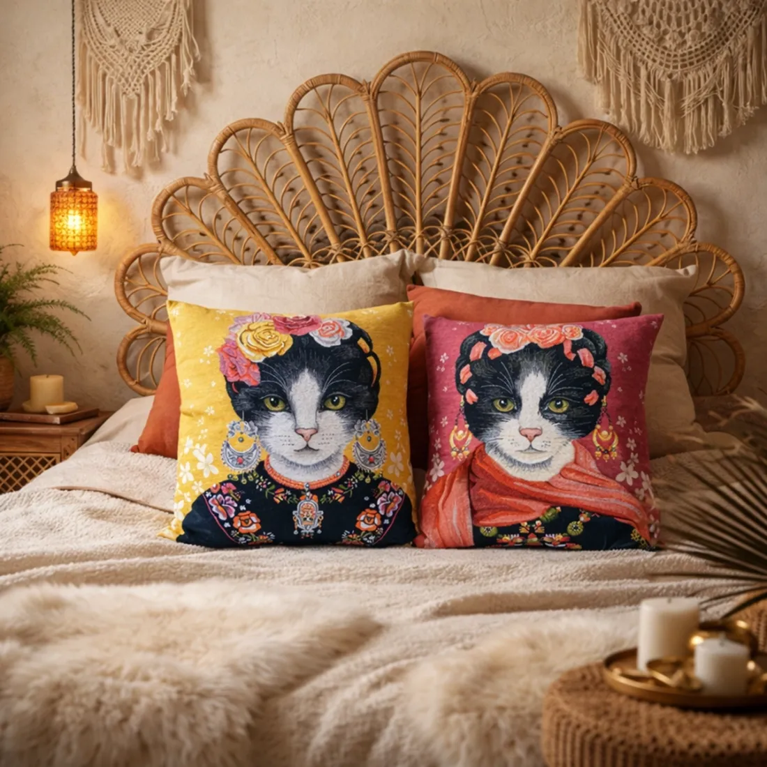 Cat Cushion Cover Frida Kahlo Red - Perfect for cat & art lovers!