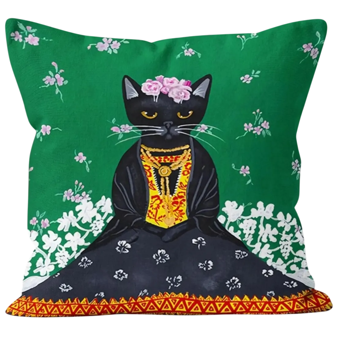 A green cat cushion featuring a Frida Kahlo style black cat adorned with flowers and traditional clothes.