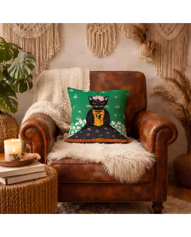 Frida Kahlo Kussenhoes Groen - voor katten- en kunstliefhebbers