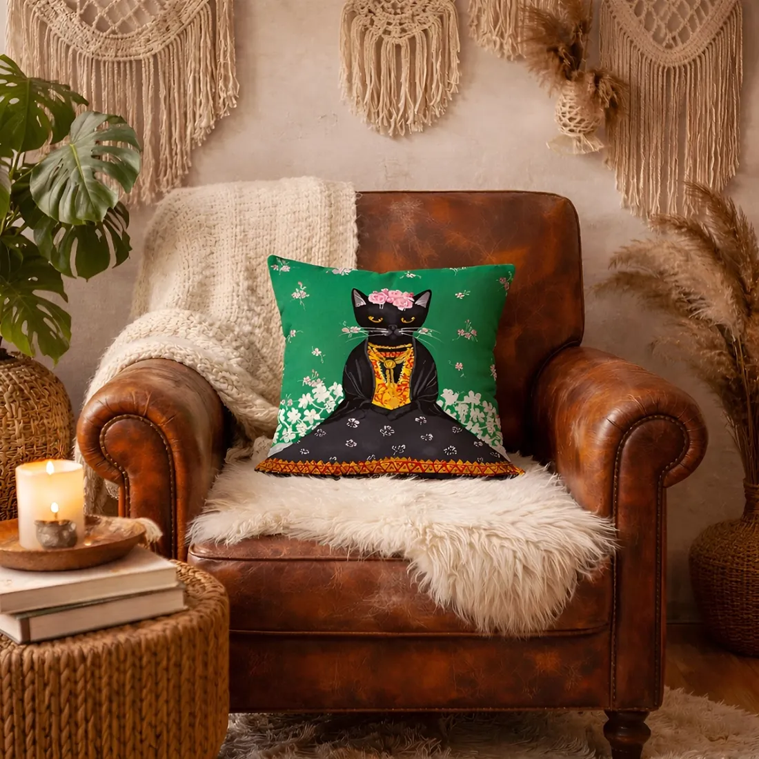 Frida Kahlo Kussenhoes Groen - voor katten- en kunstliefhebbers