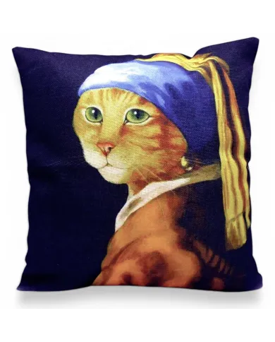 A decorative cushion featuring a cat with a pearl earring and headscarf on a dark background.