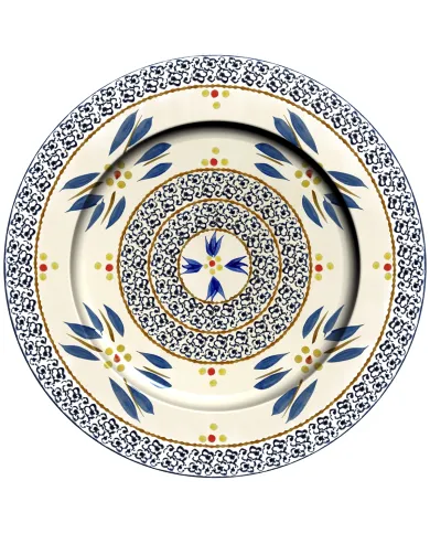 A decorative metal charger plate featuring a central circular pattern with blue flowers and colourful dots.