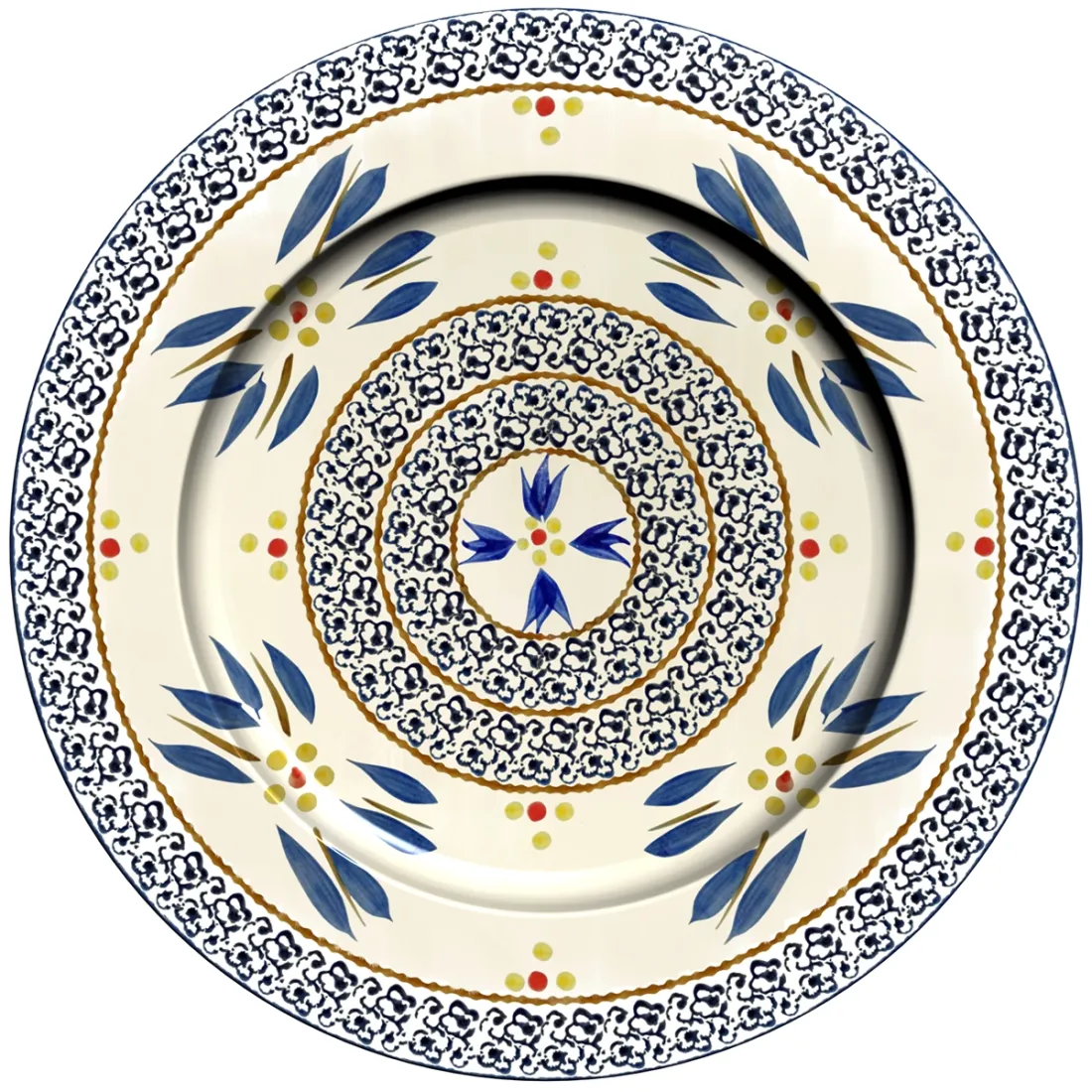 Een decoratief metalen onderbord in een centraal cirkelvormig patroon met blauwe bloemen en kleurrijke stippen.