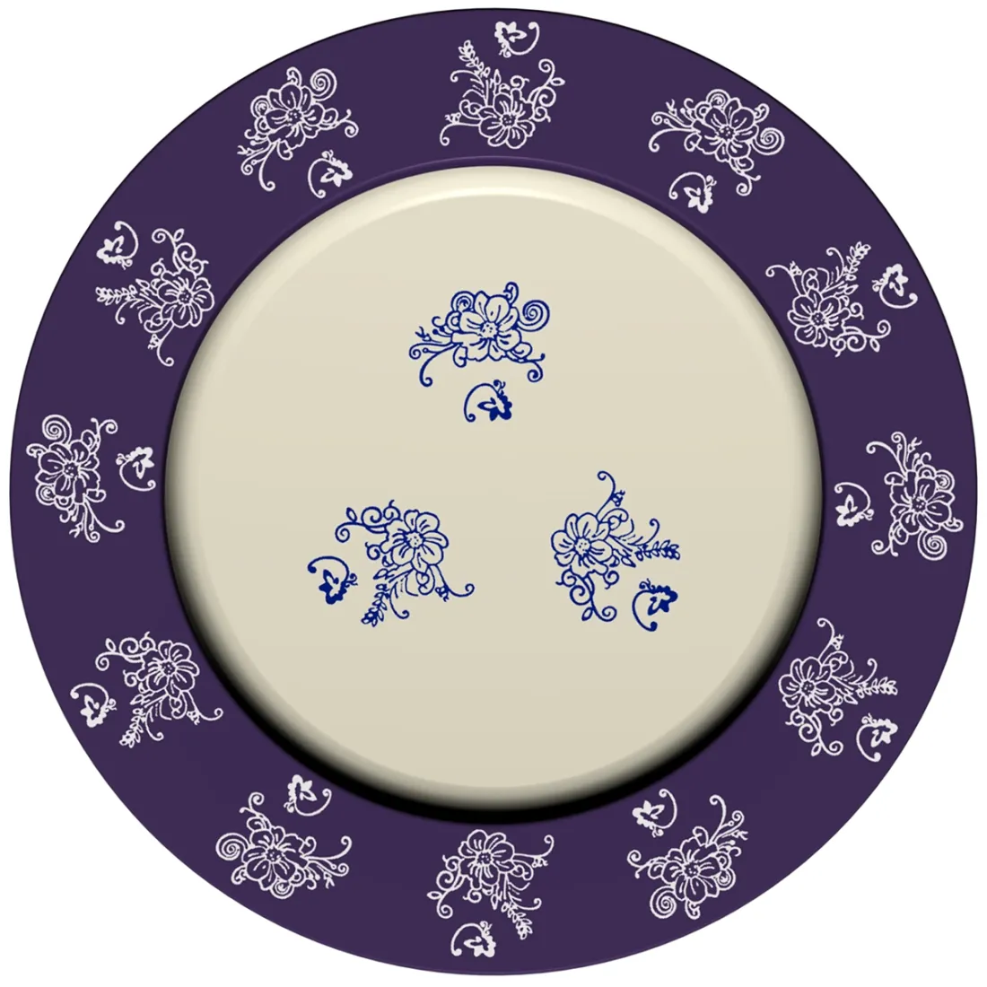 A decorative charger plate featuring a cream center and a blue rim adorned with intricate white floral designs.