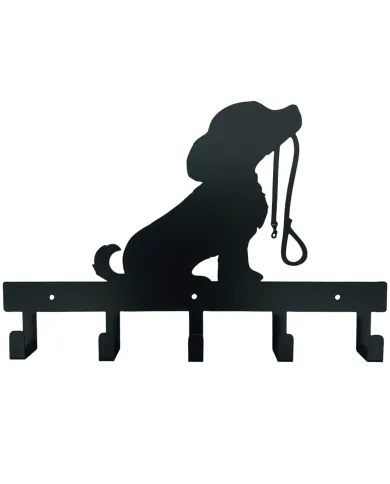 Dog leash hook with silhouette of a dog with a leash, integrated into a black wall-mounted key rack.