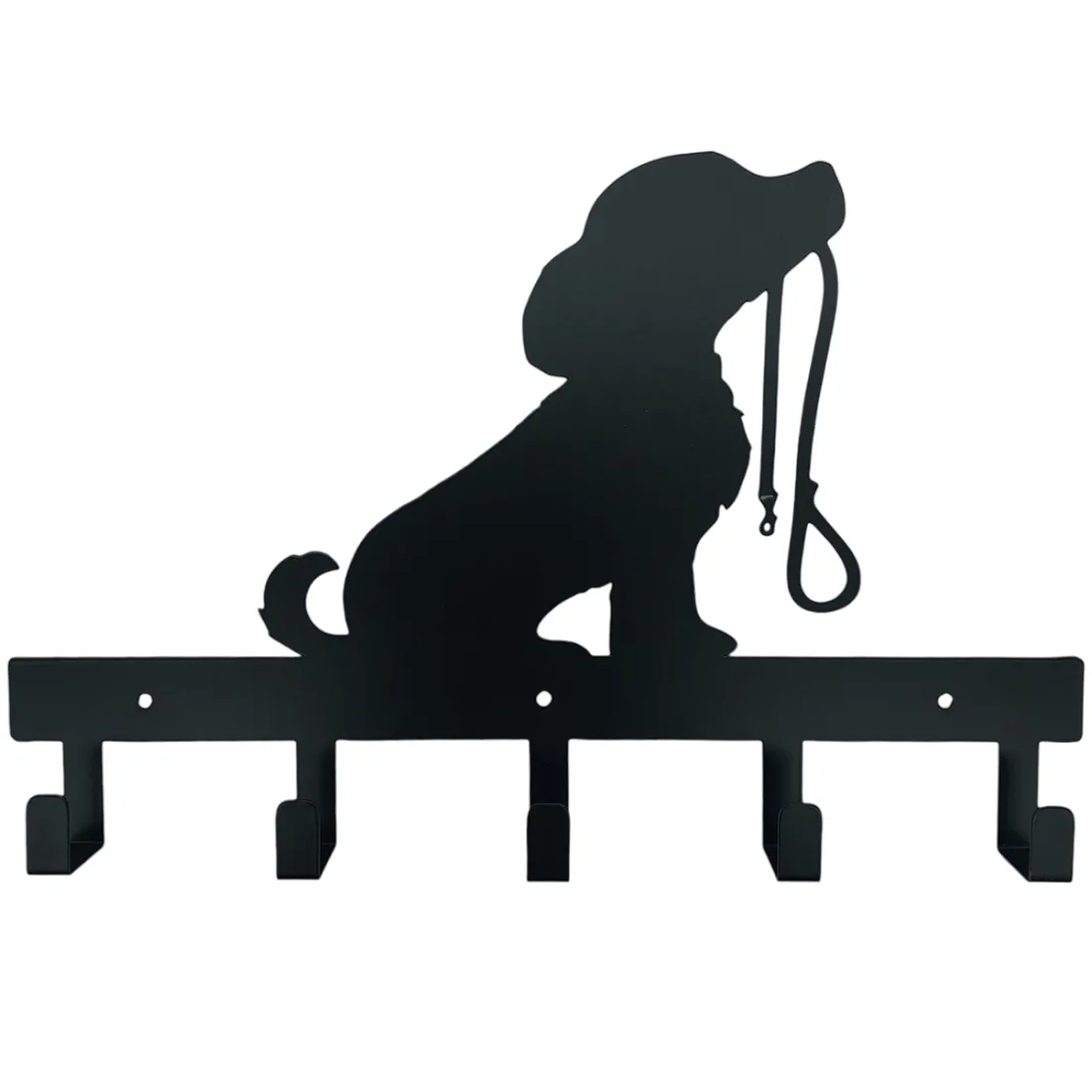 Dog leash hook with silhouette of a dog with a leash, integrated into a black wall-mounted key rack.