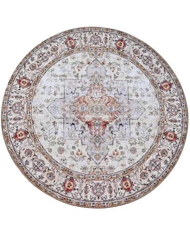 Round, beige rug with intricate patterns and a central medallion design in muted colours.