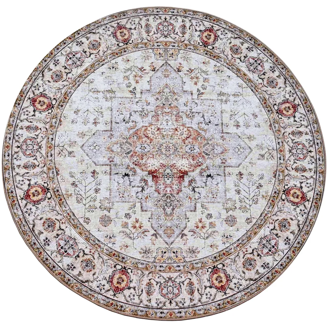 Round, beige rug with intricate patterns and a central medallion design in muted colours.