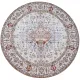 Round, beige rug with intricate patterns and a central medallion design in muted colours.