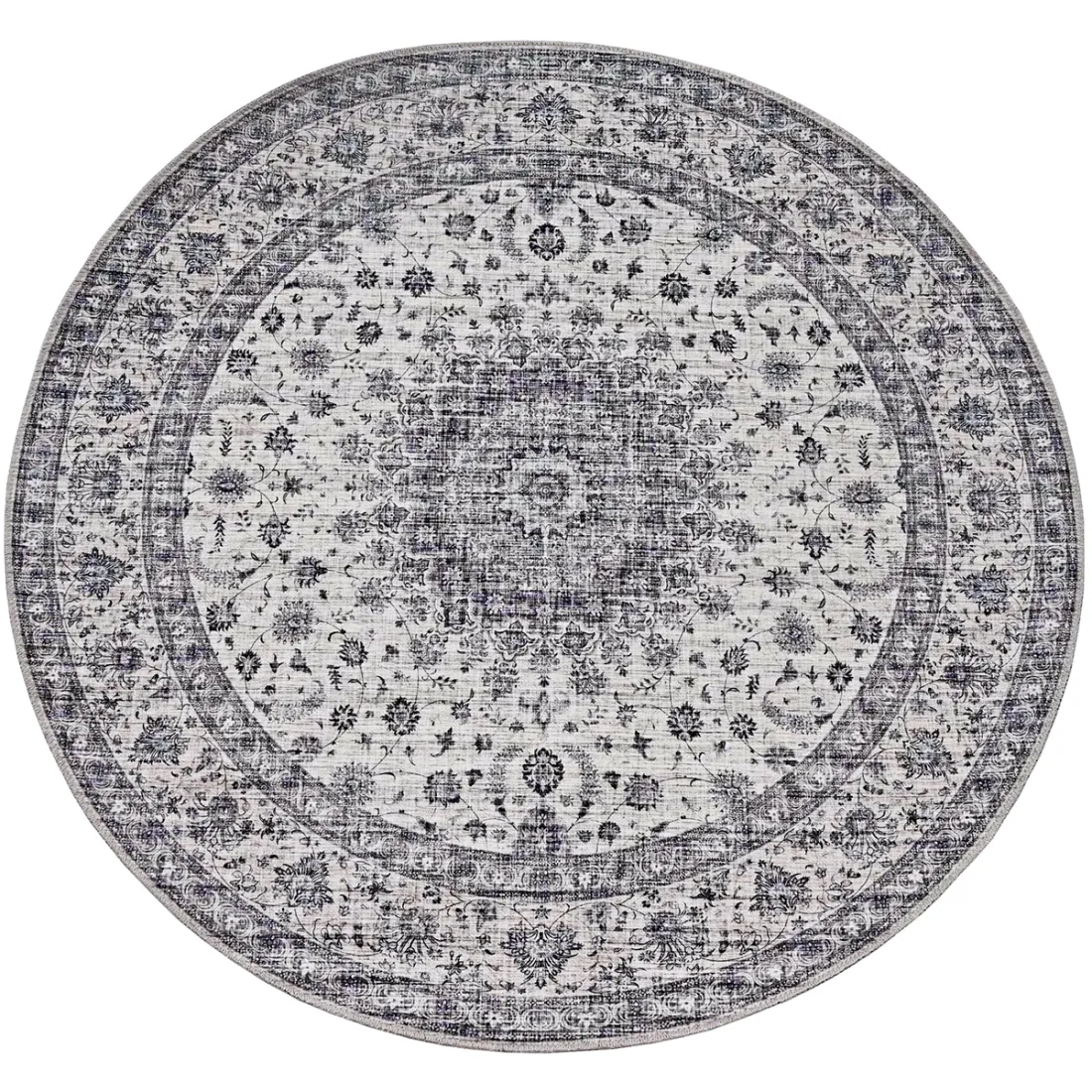 Round vintage style area rug with intricate floral patterns in shades of grey.
