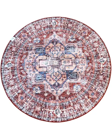 Rond vloerkleed vintage met gedetaileerde blauwe en donkeroranje patronen op een neutrale achtergrond.