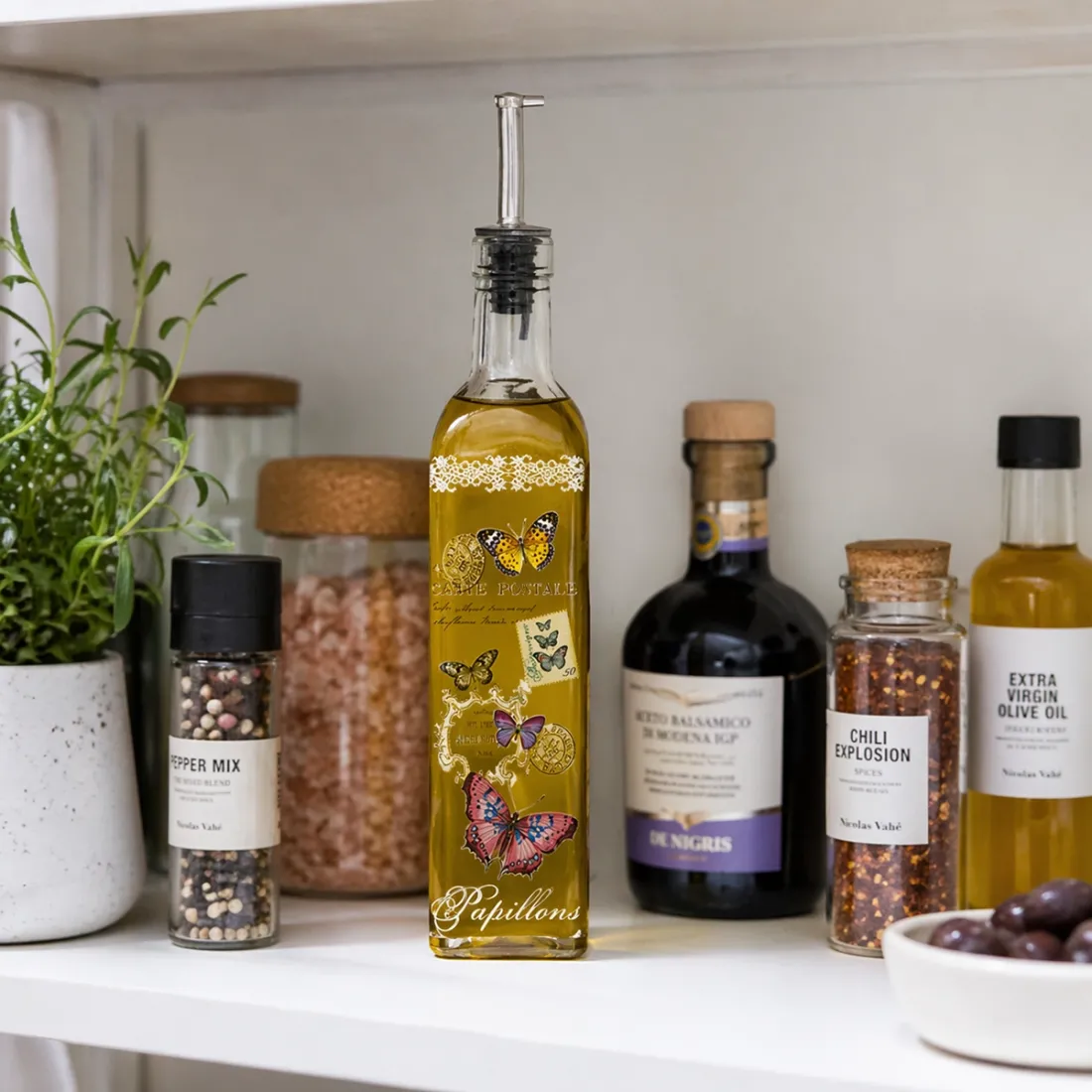 Glazen Oliefles met Vlinders - decoratief vintage afbeelding