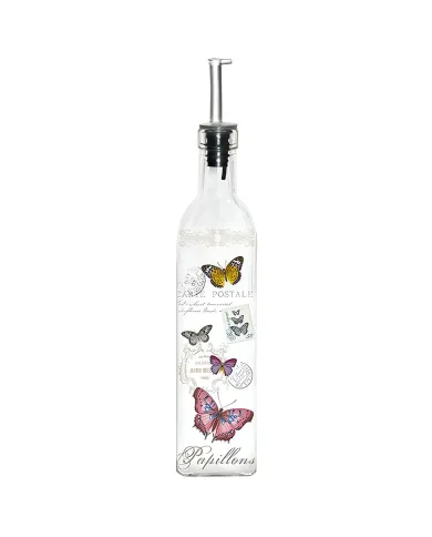 A decorative glass oil bottle with a stainless-steel pourer, featuring colourful butterflies and vintage postcard designs.