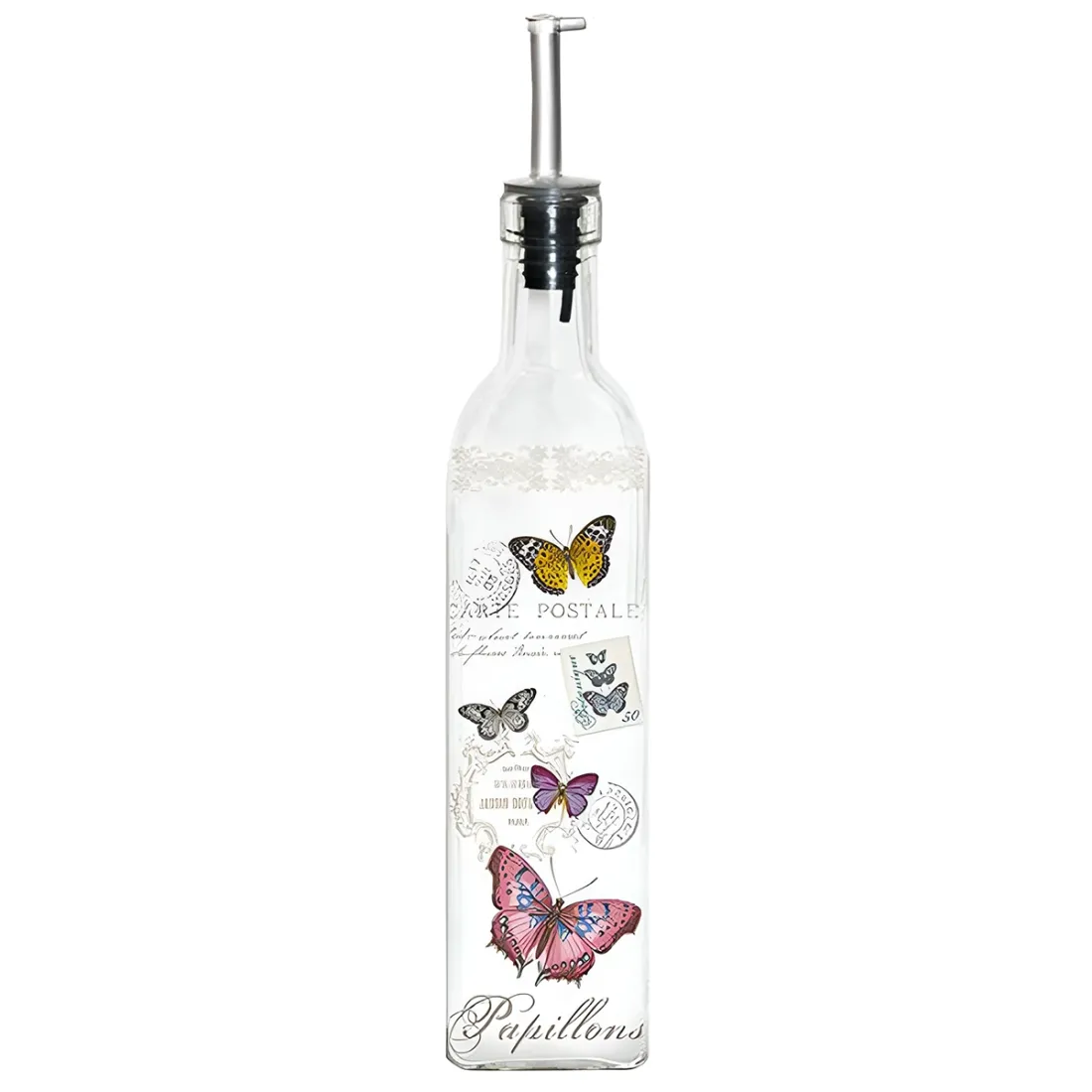 A decorative glass oil bottle with a stainless-steel pourer, featuring colourful butterflies and vintage postcard designs.