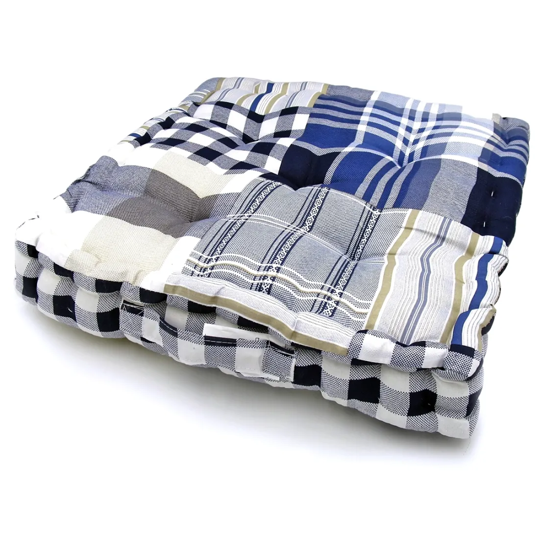 Box cushion in a pattern of blue stripes and checks with a handle.