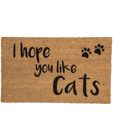 Een katten deurmat met de Engelse tekst “I hope you like cats” en afdruk van kattenpootjes.