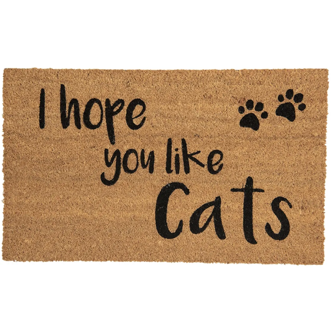 Een katten deurmat met de Engelse tekst “I hope you like cats” en afdruk van kattenpootjes.