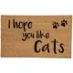 A cat doormat with the phrase "I hope you like cats" and paw prints.
