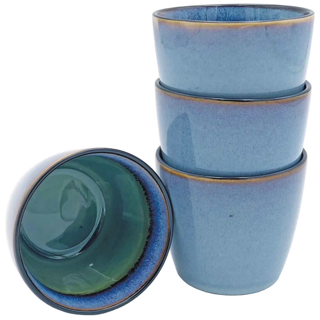 Blue cappuccino mugs stacked with one inverted to show green interior.