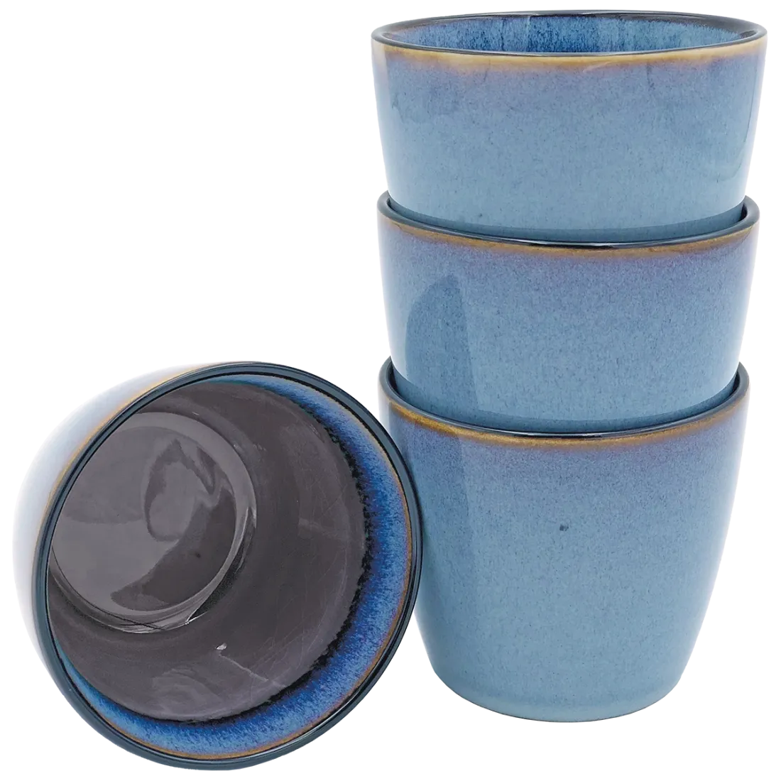 Blue cappuccino mugs stacked with one inverted to show mauve interior.