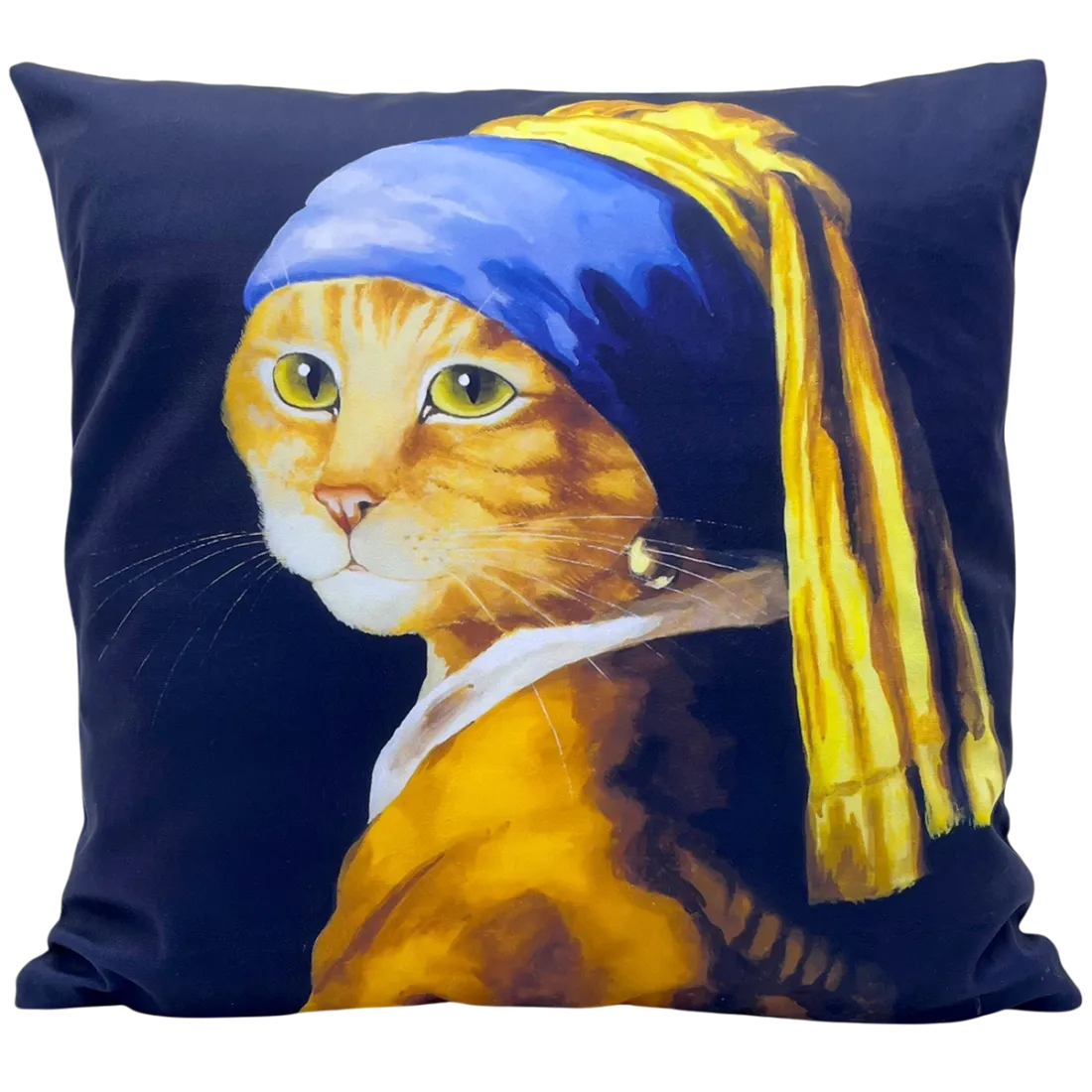 A decorative cushion featuring a cat with a pearl earring and headscarf on a navy background.