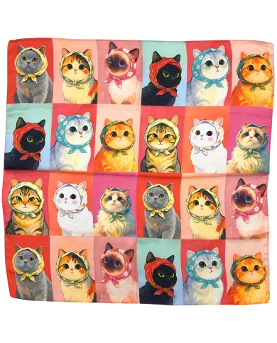 Kleurrijke satijnen katten sjaal met een gedurfd patroon van gestileerde katten in verschillende kleuren en accessoires.