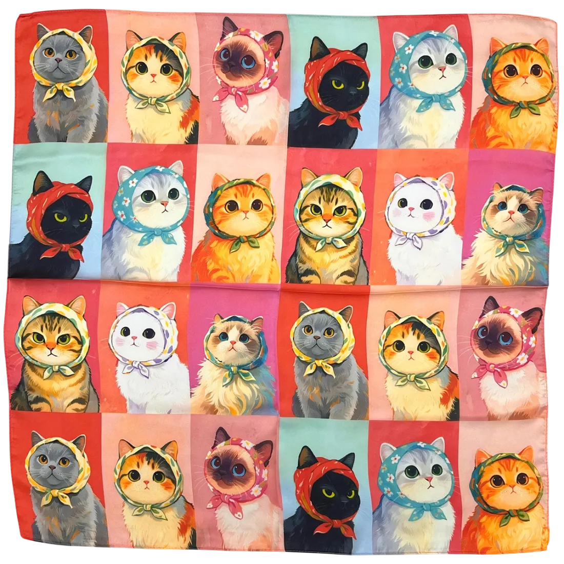 Kleurrijke satijnen katten sjaal met een gedurfd patroon van gestileerde katten in verschillende kleuren en accessoires.