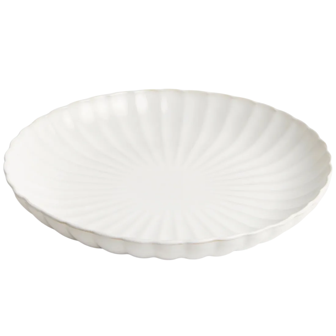 White dinner plate with a subtle fluted texture and scalloped edge.