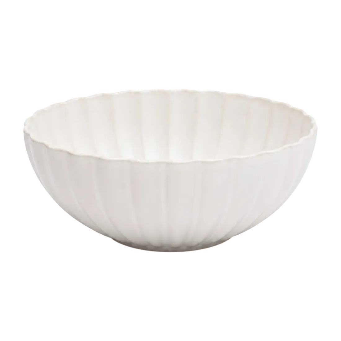 White soep bowl with a subtle fluted texture and scalloped edge.