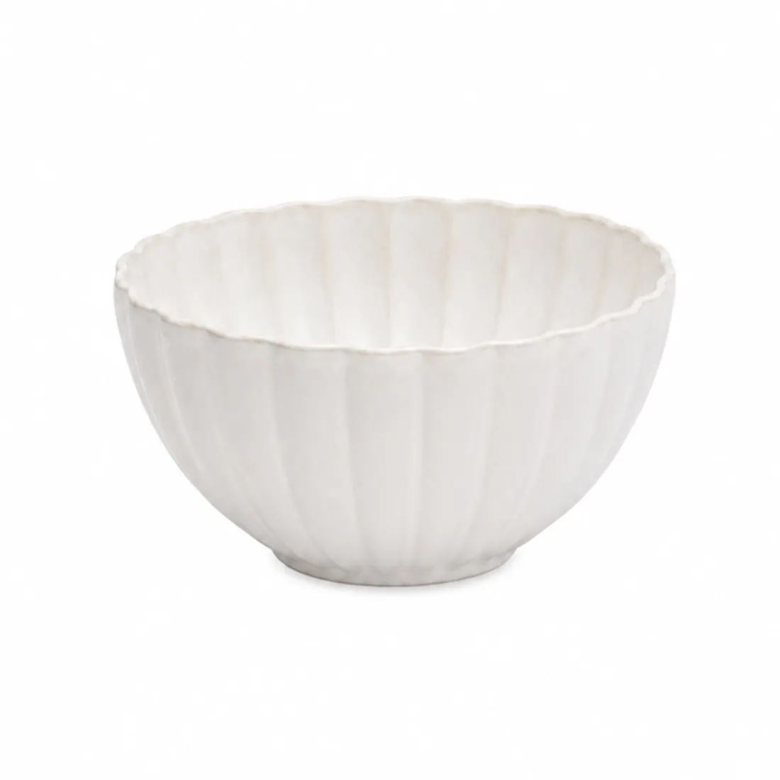 White dessert bowl with a subtle fluted texture and scalloped edge.