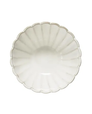 Top view of a dessert bowl with a subtle fluted texture and scalloped edge.