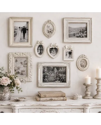 Wall with vintage photo frames displaying black and white photos and floral art.
