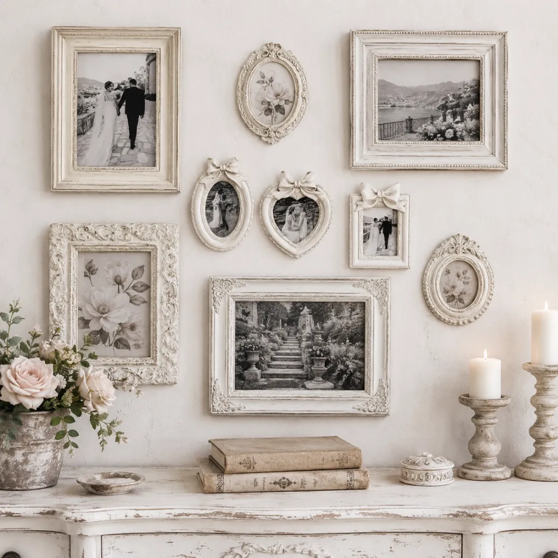 Een muur met de vintage fotolijst set waarin zwart-witfoto’s en bloemkunst zijn tentoongesteld.
