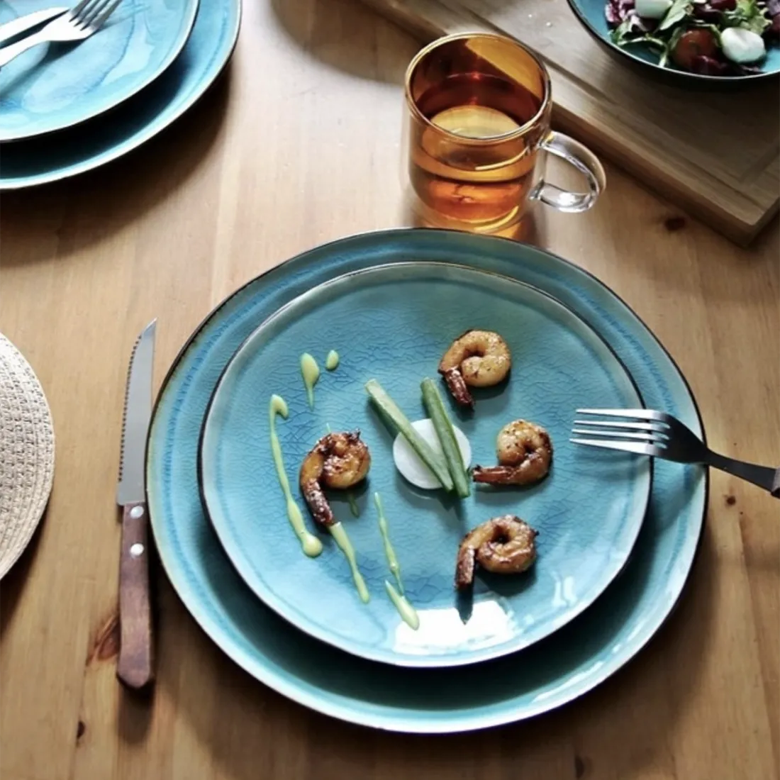 Stoneware Dinner Plate Set in Turquoise - each piece is one of a kind!