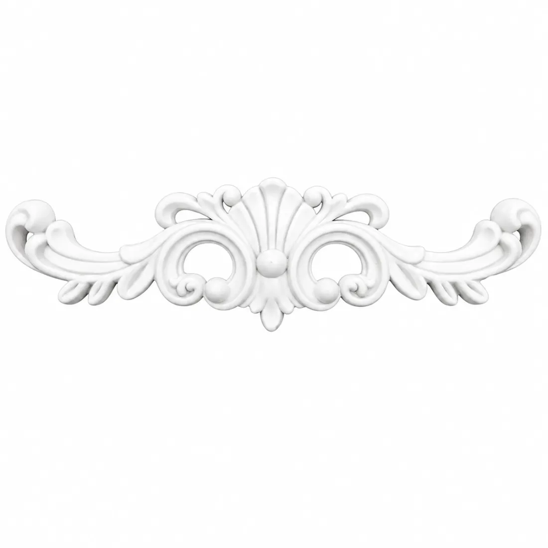 A decorative white ornament featuring elegant swirls and a central shell motif, ideal for enhancing classical decor.