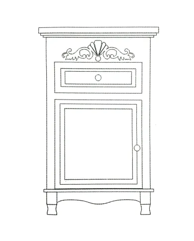 Line drawing of a cabinet featuring a furniture applique, a small drawer, and a door with a circular knob.