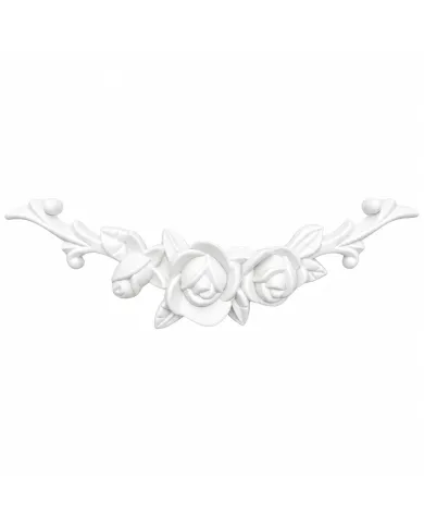 White furniture applique with intricately carved roses and leaves, ideal for embellishing home decor or furniture.