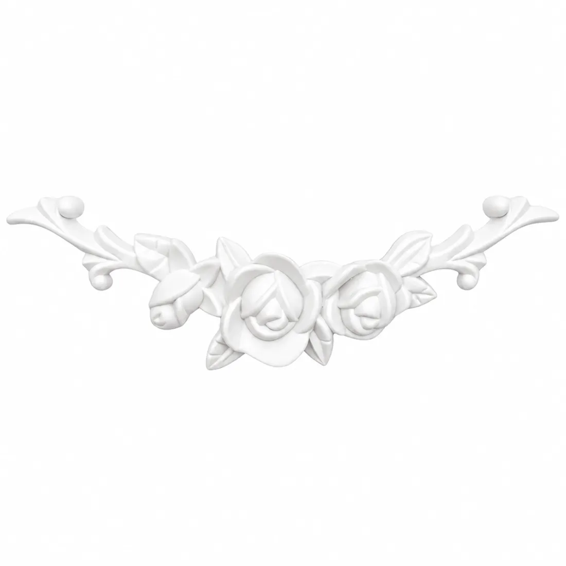 White furniture applique with intricately carved roses and leaves, ideal for embellishing home decor or furniture.