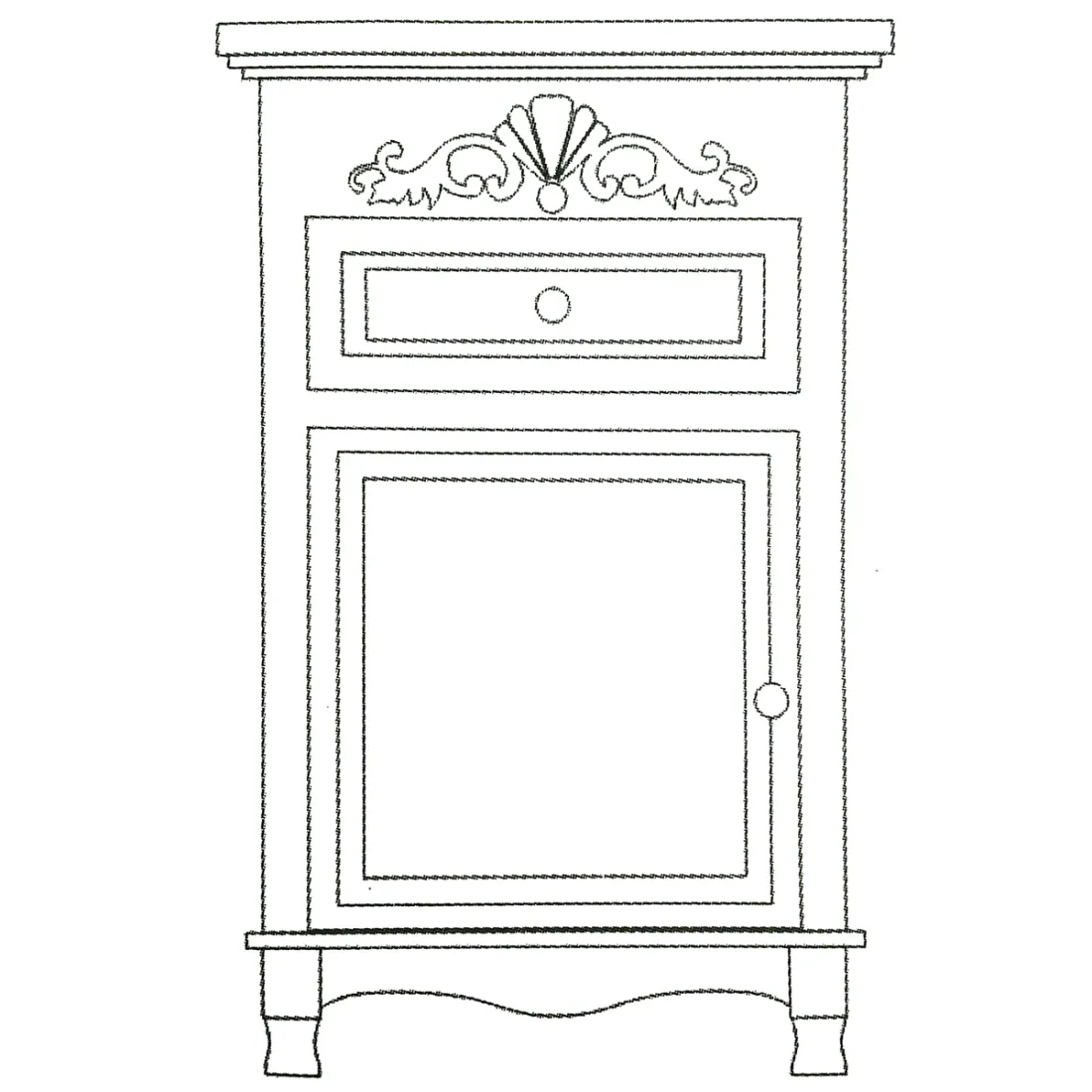 Line drawing of a cabinet featuring a furniture applique, a small drawer, and a door with a circular knob.