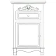 Line drawing of a cabinet featuring a furniture applique, a small drawer, and a door with a circular knob.