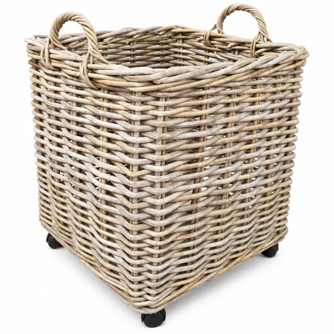 Square basket woven from durable rattan with handles and wheels.