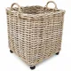 Square basket woven from durable rattan with handles and wheels.