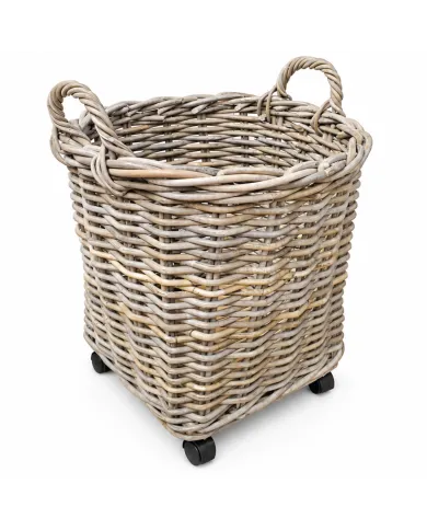 Woven round basket with handles on wheels against a white background.