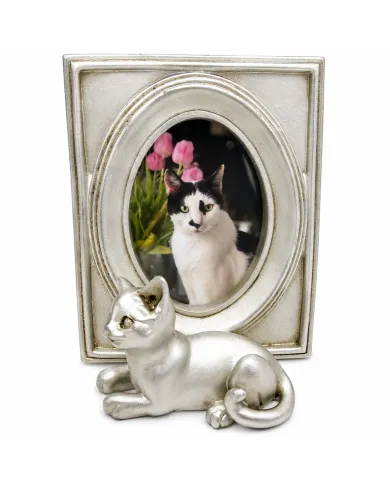 Een katten fotolijst in een zilveren vintage frame met een kattenfiguurtje.