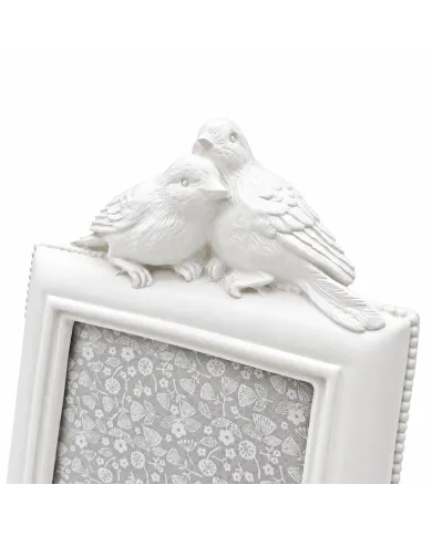 Close up of decorative birds on top of a white photo frame.